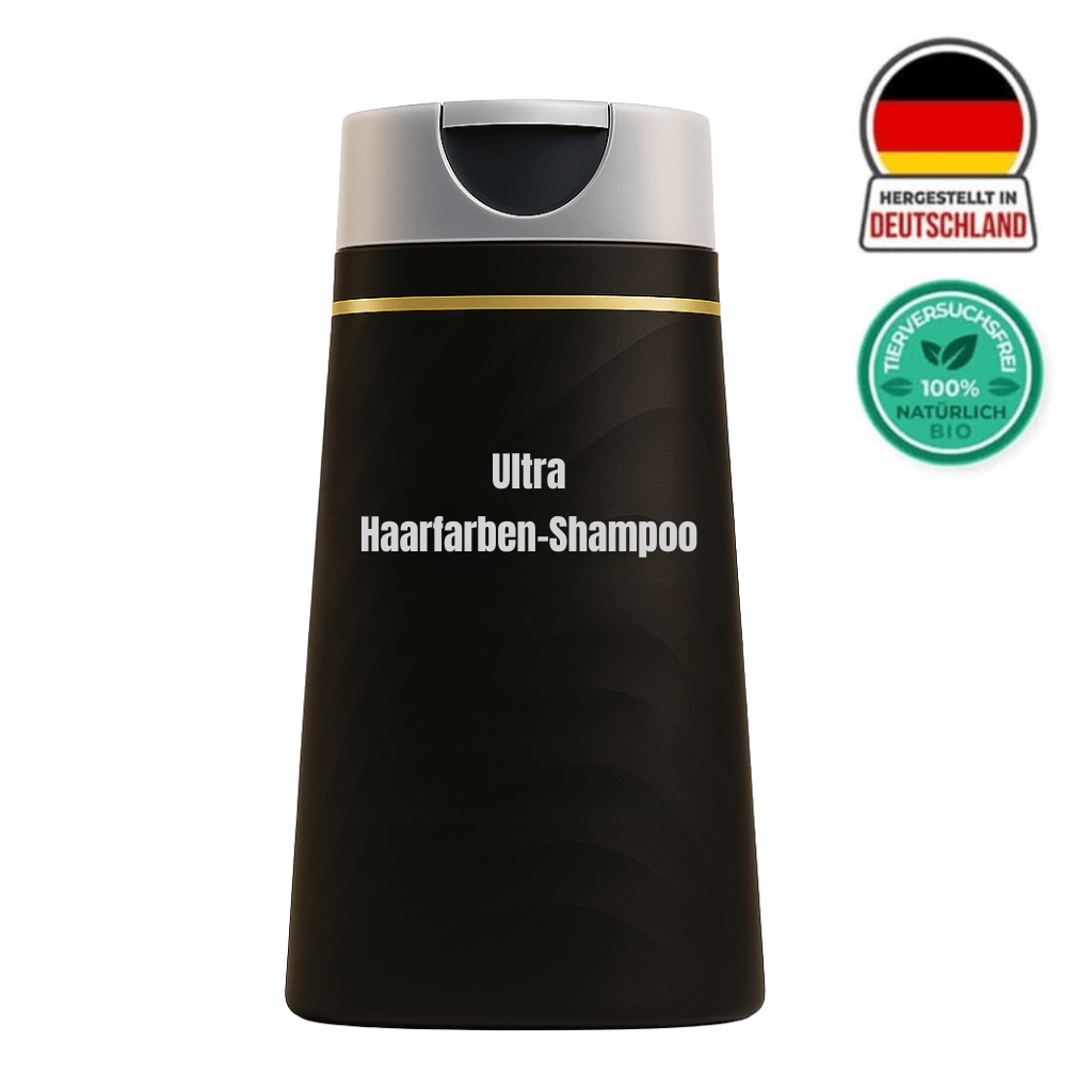 Ultra Haarfärbeshampoo in schwarzer Flasche mit goldener Akzentlinie, hergestellt in Deutschland.