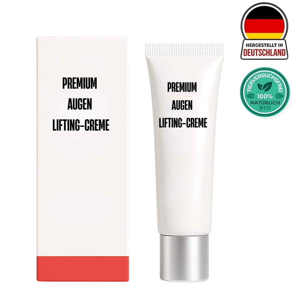 Premium Augen-Lifting-Creme in Tube und Verpackung, hergestellt in Deutschland, 100% natürlich.