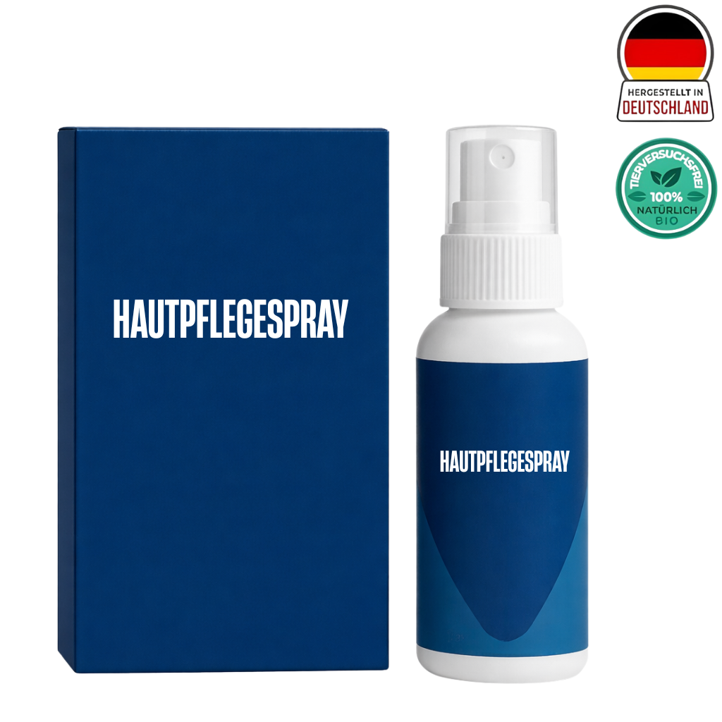 Hautpflegespray in blauer Verpackung, ideal für die tägliche Hautpflege-Routine.