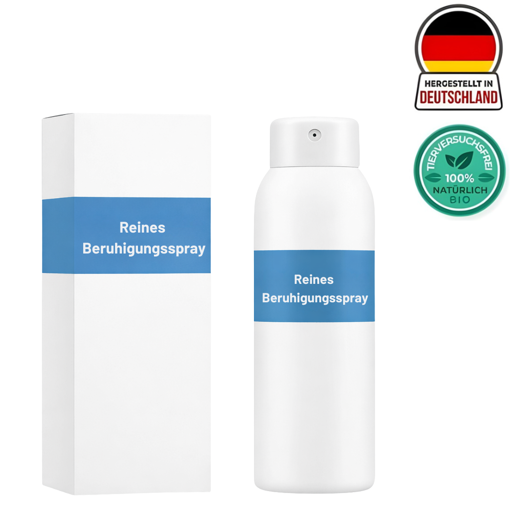 Produktbild von Reines Beruhigungsspray in Verpackung, 100% natürlich und hergestellt in Deutschland.