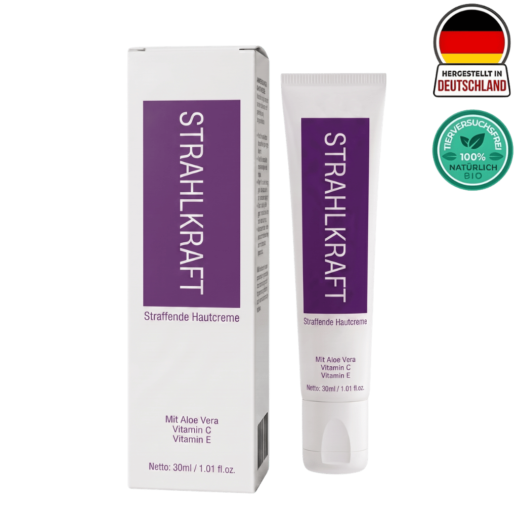Sanfte Hautpflegecreme in einer Verpackung mit Inhaltsstoffen wie Aloe Vera, Vitamin C und E für straffere Haut.