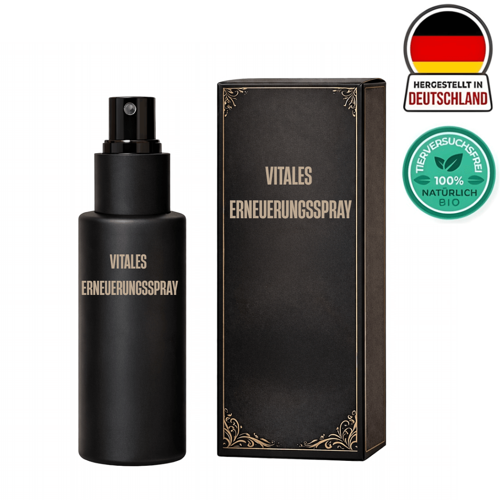Vitales Erneuerungsspray in einem eleganten schwarzen Flakon, umgeben von einer stilvollen Verpackung.