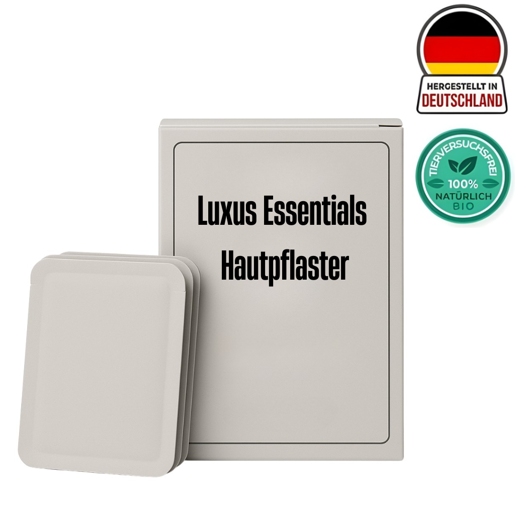 Luxus Essentials Hautpflaster Verpackung mit Natur-Siegel und Hinweis auf deutsche Herstellung.