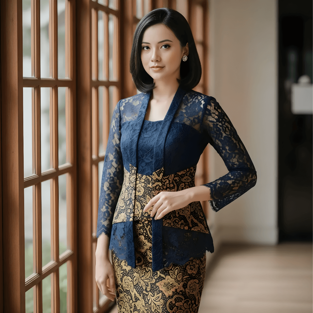 Elegant woman in a traditional outfit with lace detailing, standing by a window.