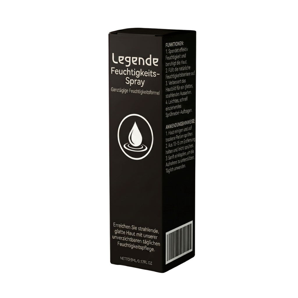 Legende Feuchtigkeitsspray in einer eleganten Verpackung für intensive Hautfeuchtigkeit und tägliche Pflege.
