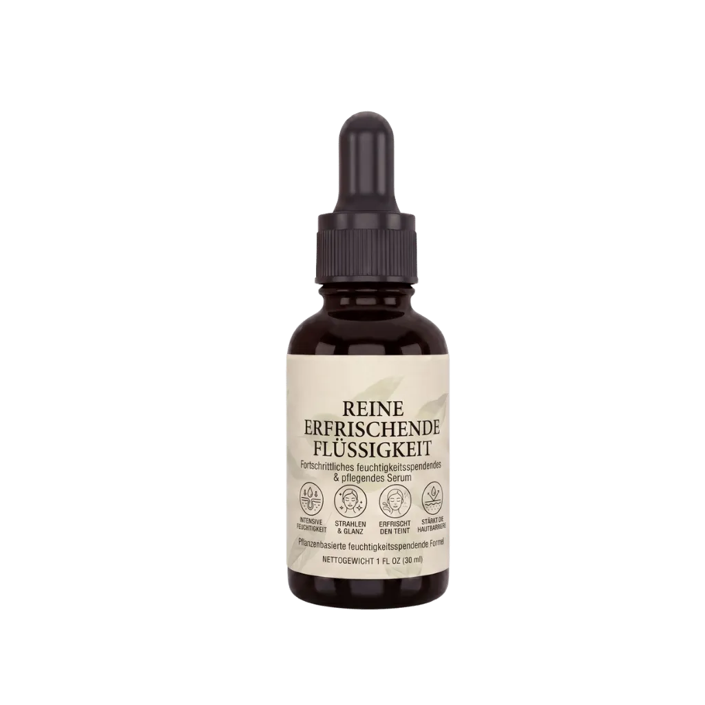 Reine Erfrischende Flüssigkeit, leichtes hautpflegendes Serum in einer Tropfflasche, für frische und glatte Haut.