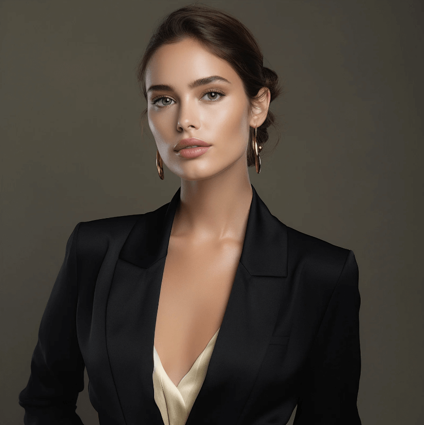 Moderne Frau in eleganter schwarzer Jacke, perfekt gestylt mit ausgeglichener Haut, ideal für Beauty-Routine.