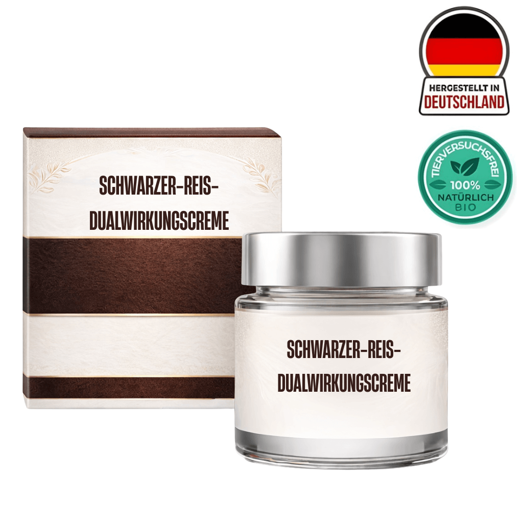 Schwarzer-Reis-Dualwirkungscreme in einem eleganten Glasbehälter mit Verpackung, hergestellt in Deutschland.