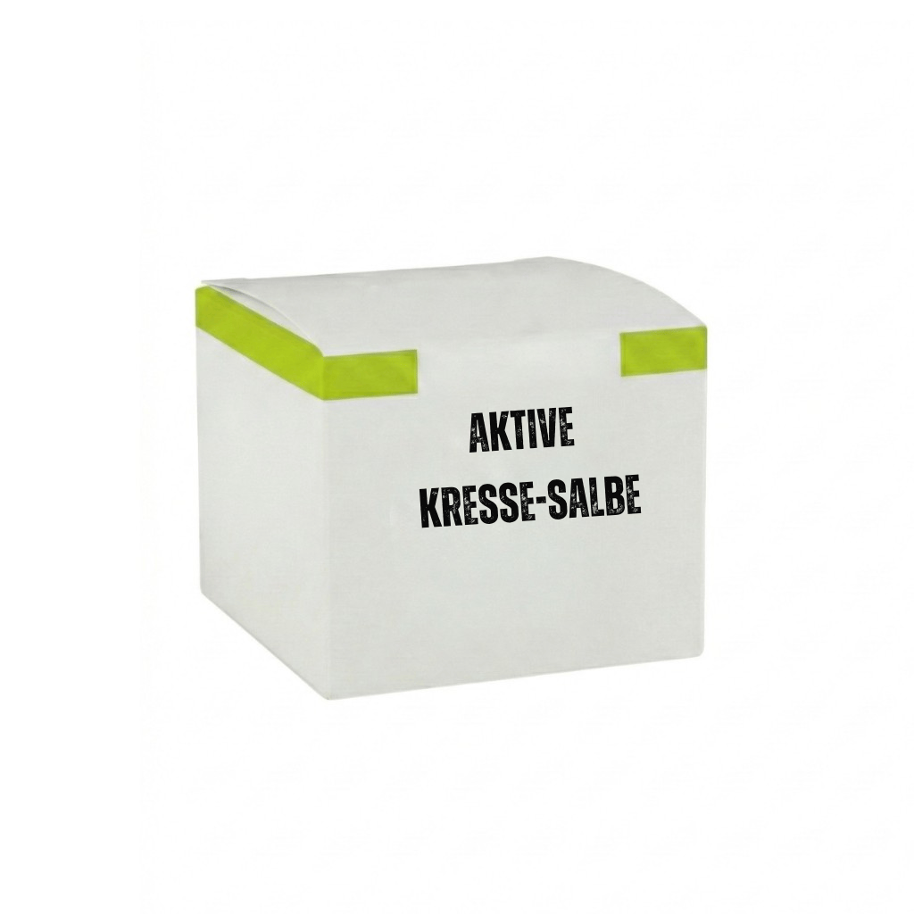 Verpackung der Aktive Kresse-Salbe in einem weißen Behälter mit grünem Deckel.