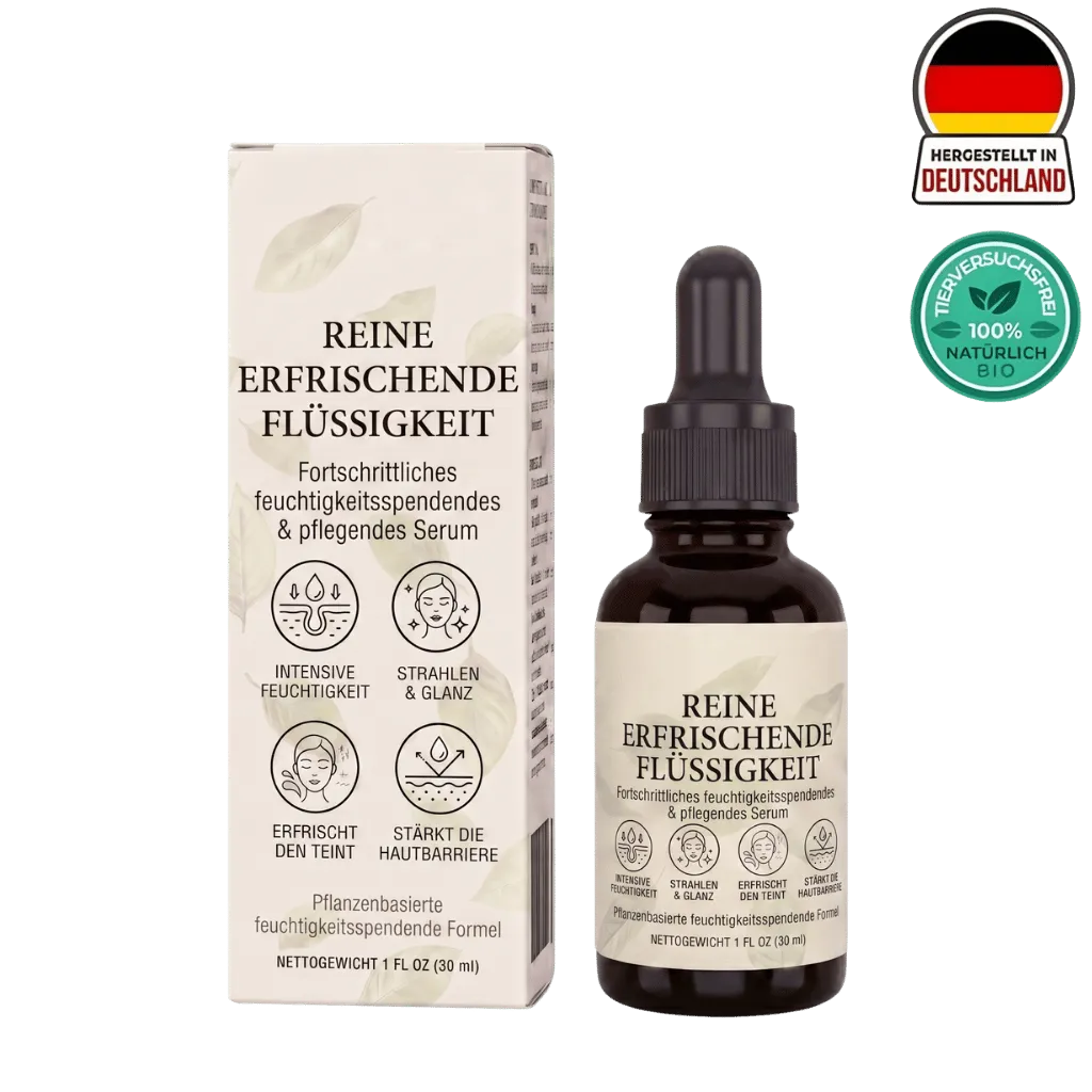 Reine Erfrischende Flüssigkeit Serum in brauner Flasche mit Verpackung, feuchtigkeitsspendend und pflegend.