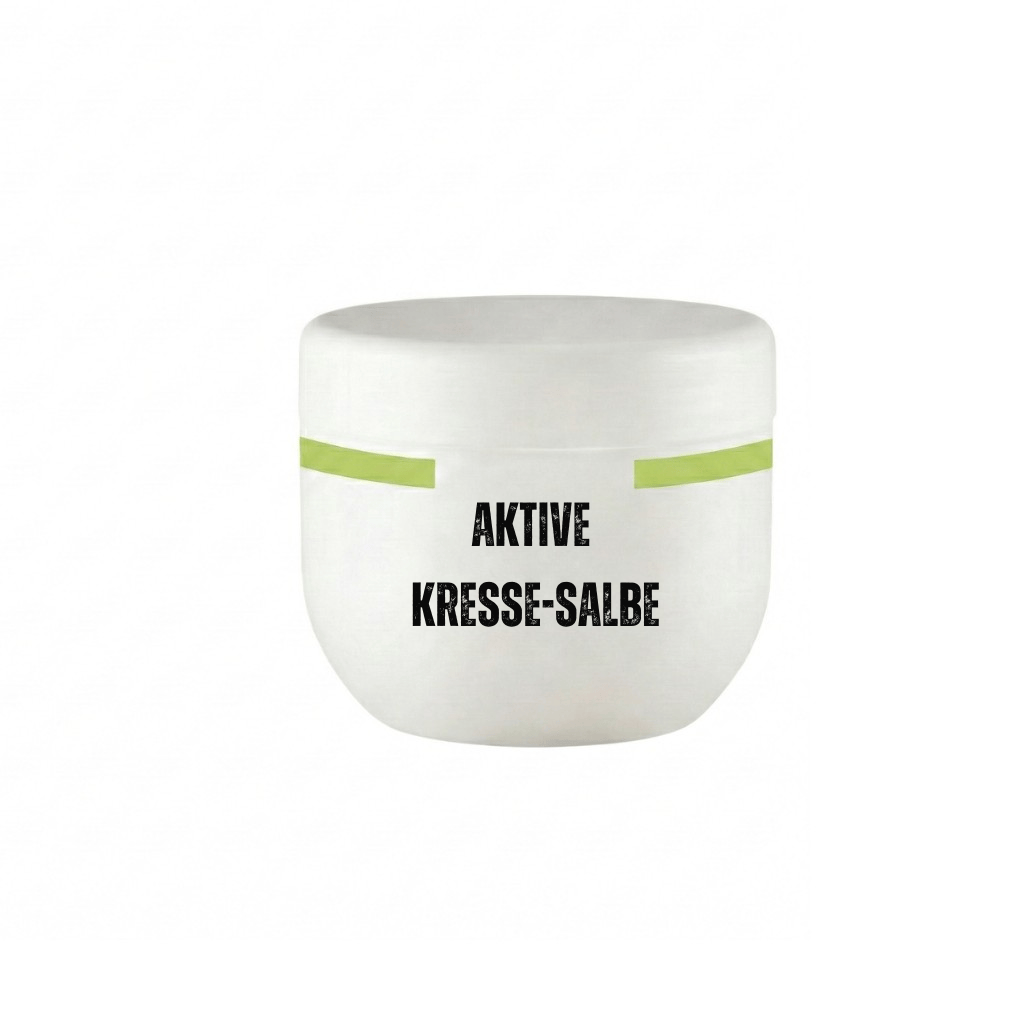 Aktive Kresse-Salbe in einem weißen Glasbehälter mit grünem Akzent für glattere Hautpflege.