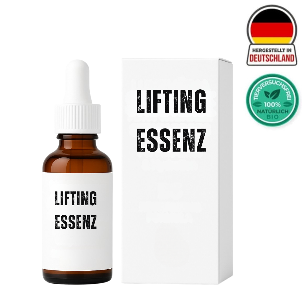 Lifting-Essenz Beauty-Serum in braunem Fläschchen mit weißer Verpackung, ideal für die tägliche Anwendung.