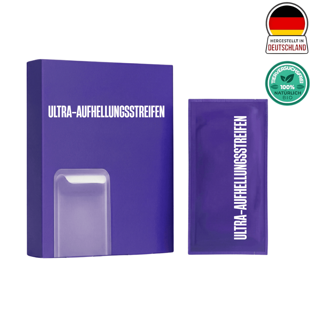 Ultra-Aufhellungsstreifen Box und Packung für aufhellende Zahnreinigung und Pflege.