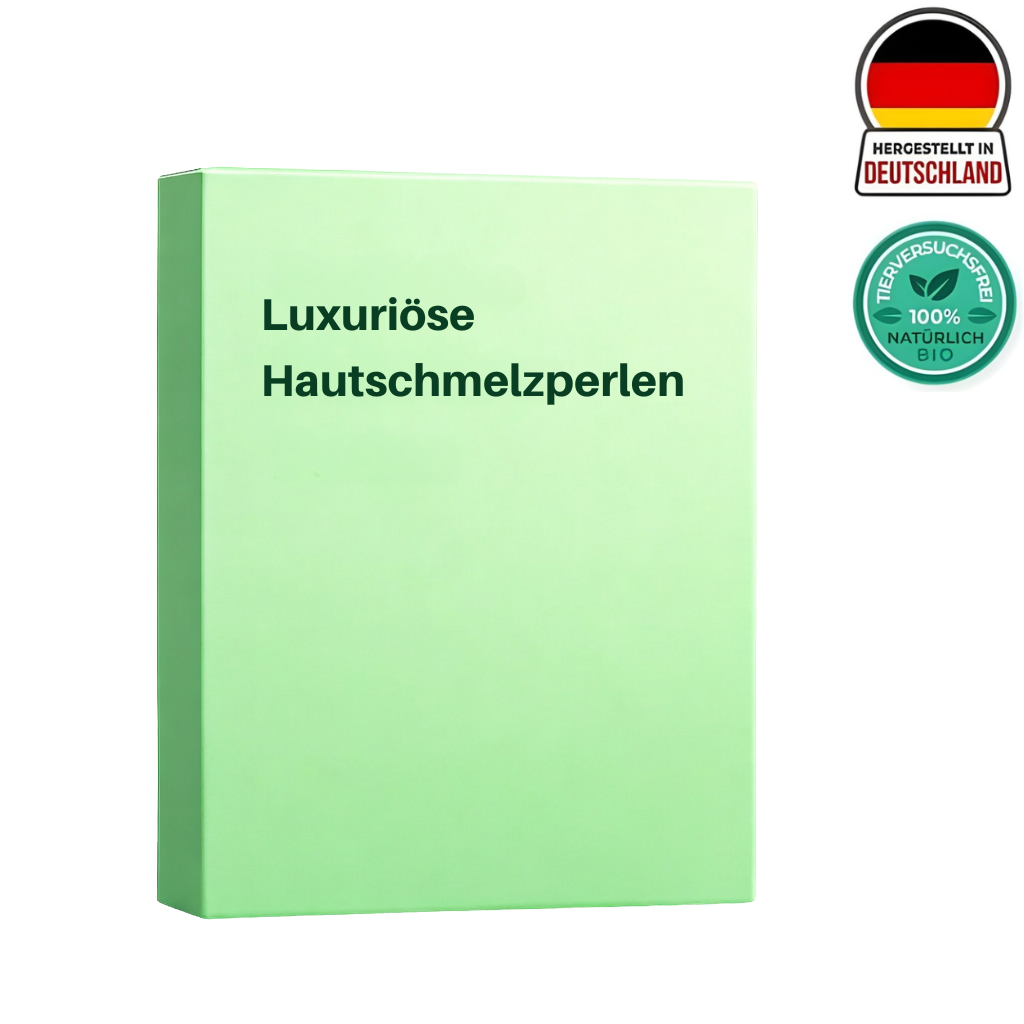 Luxuriöse Hautschmelzperlen Produktverpackung in grün, hergestellt in Deutschland, 100% natürlich bio.
