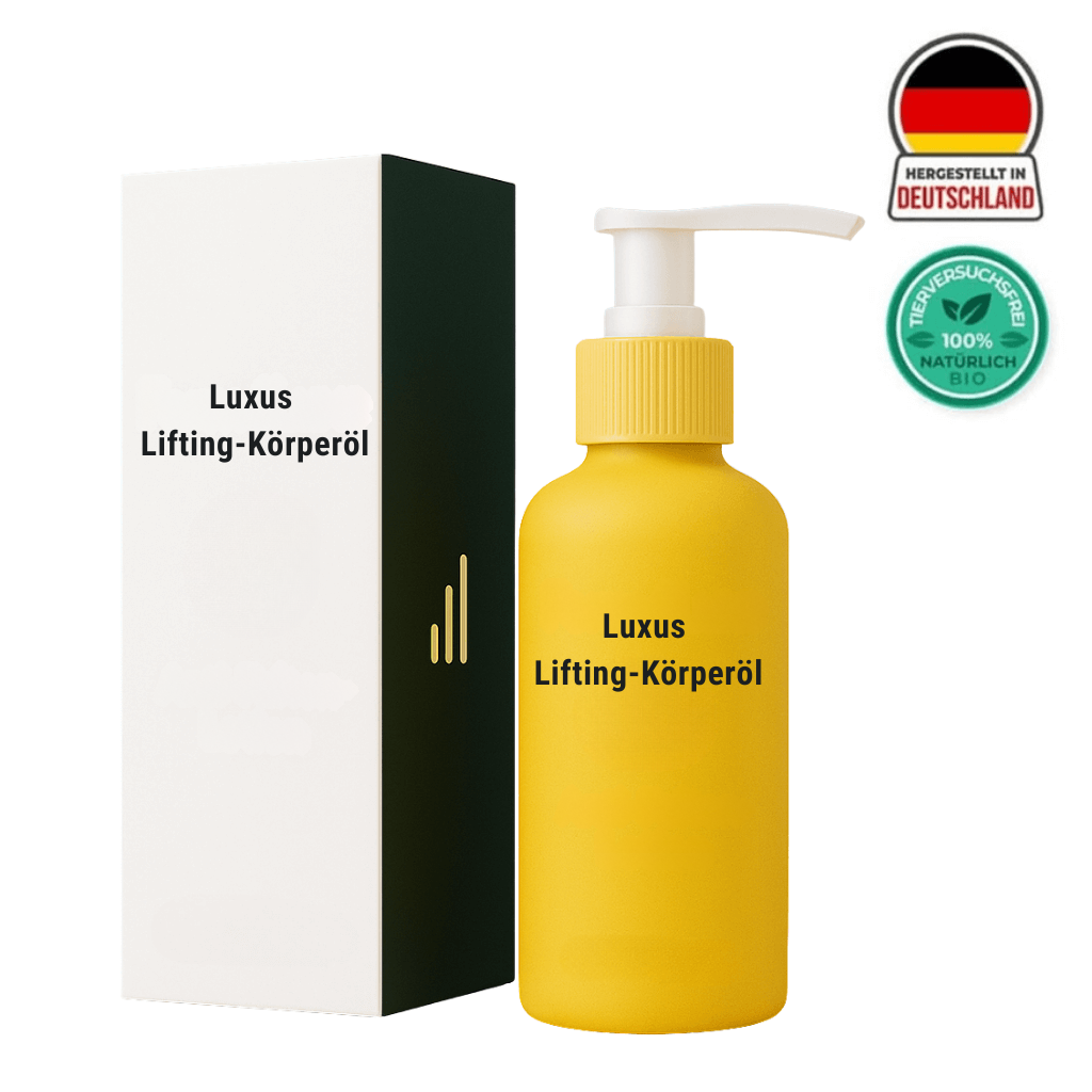 Luxus Lifting-Körperöl in gelbem Flakon mit Pumpe und Verpackung, hergestellt in Deutschland.