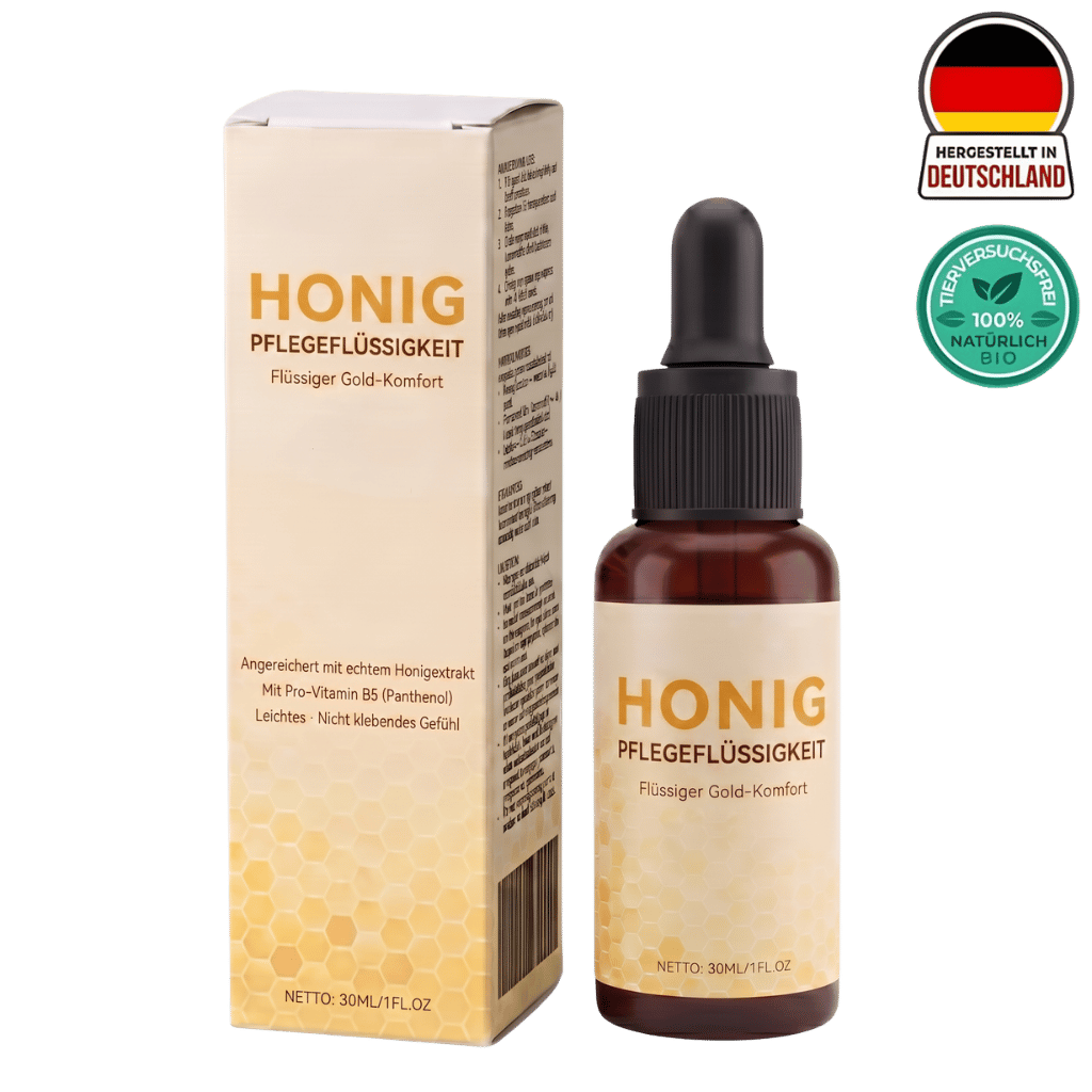 Honigpflegeflüssigkeit in einer Flasche, feuchtigkeitsspendend für die Hautpflege.