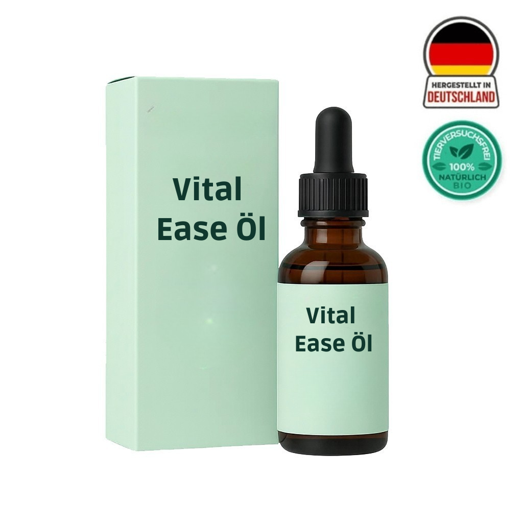 Vital Ease Öl Flasche und Verpackung, sanfte Pflege für gesunde Haut, hergestellt in Deutschland.