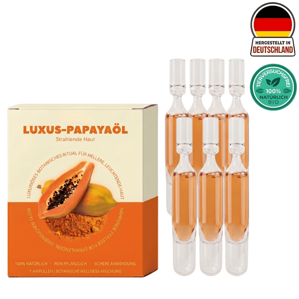 Luxus-Papayaöl mit 7 Ampullen für strahlende Hautpflege, 100% natürlich und bio.
