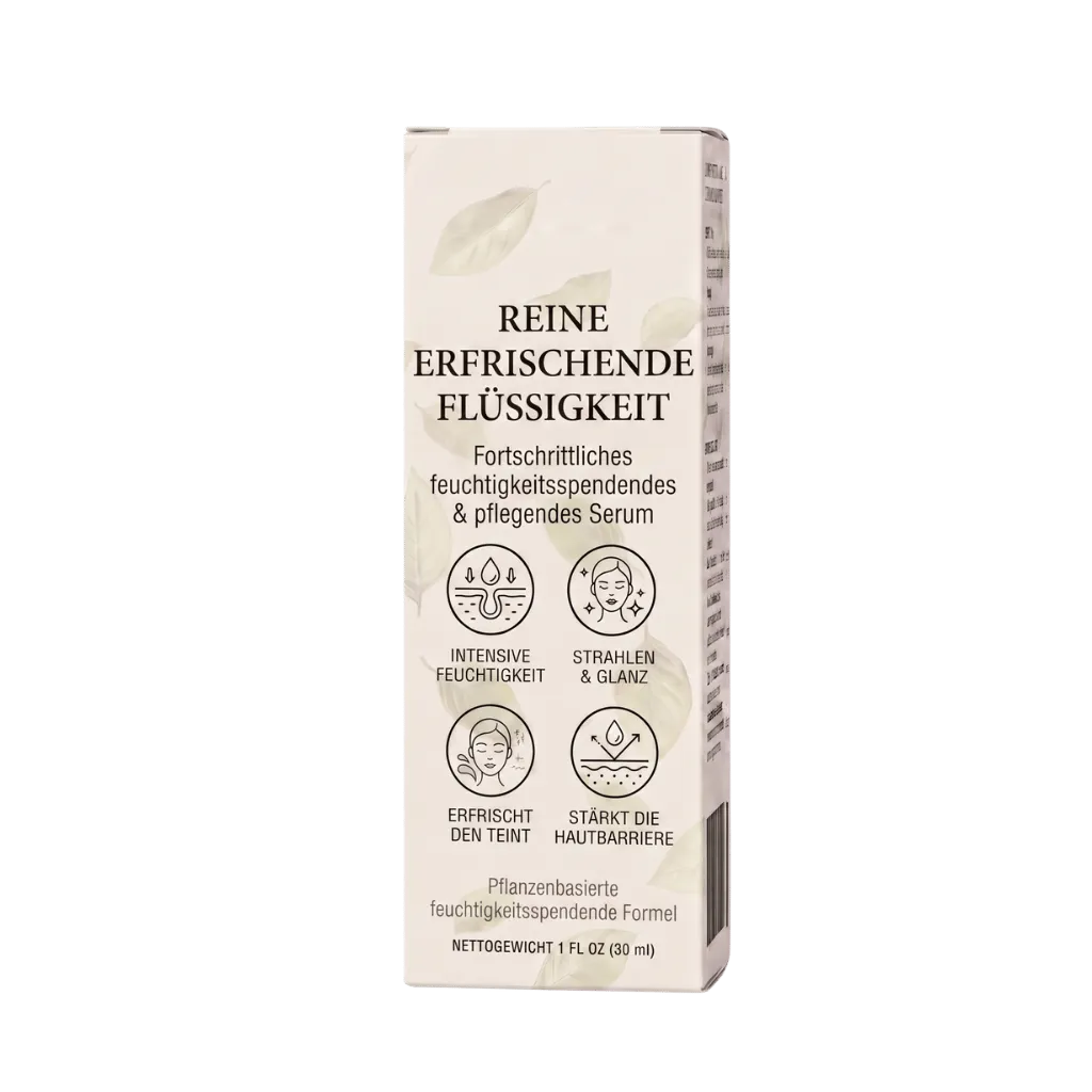 Reine Erfrischende Flüssigkeit Verpackung mit feuchtigkeitsspendendem Serum für intensive Feuchtigkeit und Hautpflege.