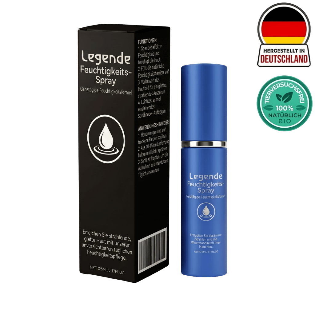 Premium Feuchtigkeitsspray in blauer Flasche mit schwarzer Verpackung zur Hautpflege und Feuchtigkeitsspendung.