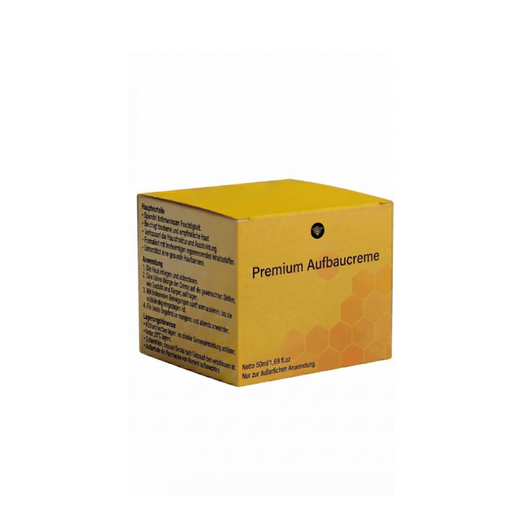 Packung von Premium Aufbaucreme in einem gelben Karton für intensive Hautpflege.