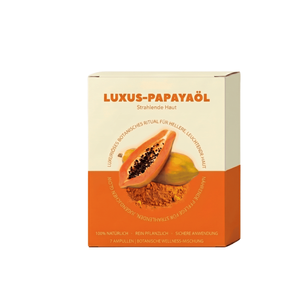 Luxus-Papayaöl Produktverpackung für strahlende Haut, 100% natürlich, pflanzlich, 7 Ampullen.