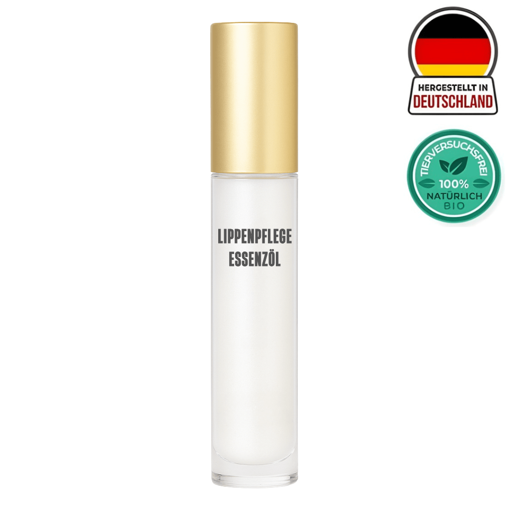 Lippenpflege-Essenzöl in klarem Flacon mit goldener Kappe, ideal für gepflegte und seidige Lippen.