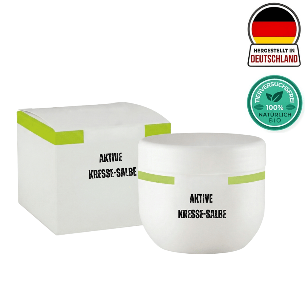 Aktive Kresse-Salbe in weißem Behälter mit Verpackung, entwickelt für klare und glatte Haut.