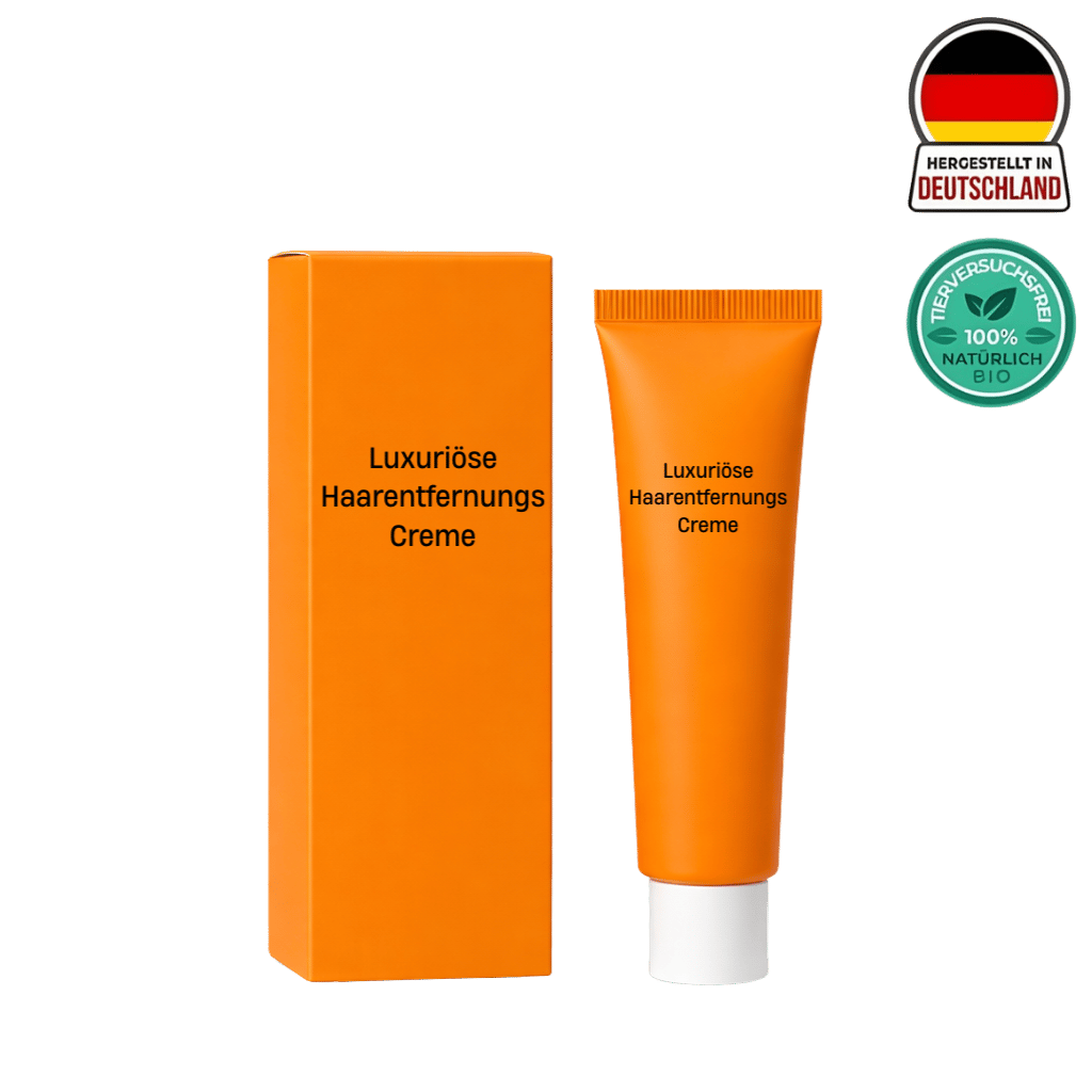 Luxuriöse Haarentfernungscreme in orange Verpackung und Tube, hergestellt in Deutschland, 100% natürlich