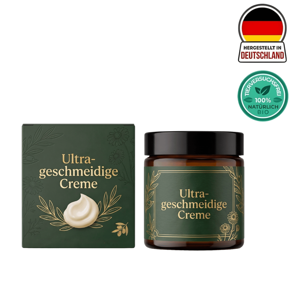 Ultra-geschmeidige Creme im Glasbehälter und Box mit floralem Design, perfekt für tägliche Feuchtigkeitspflege.