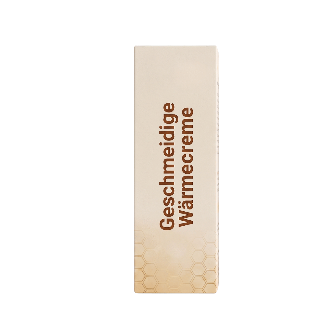 Verpackung der Geschmeidige Wärmecreme mit honigfarbenem Design und klarer Beschriftung.