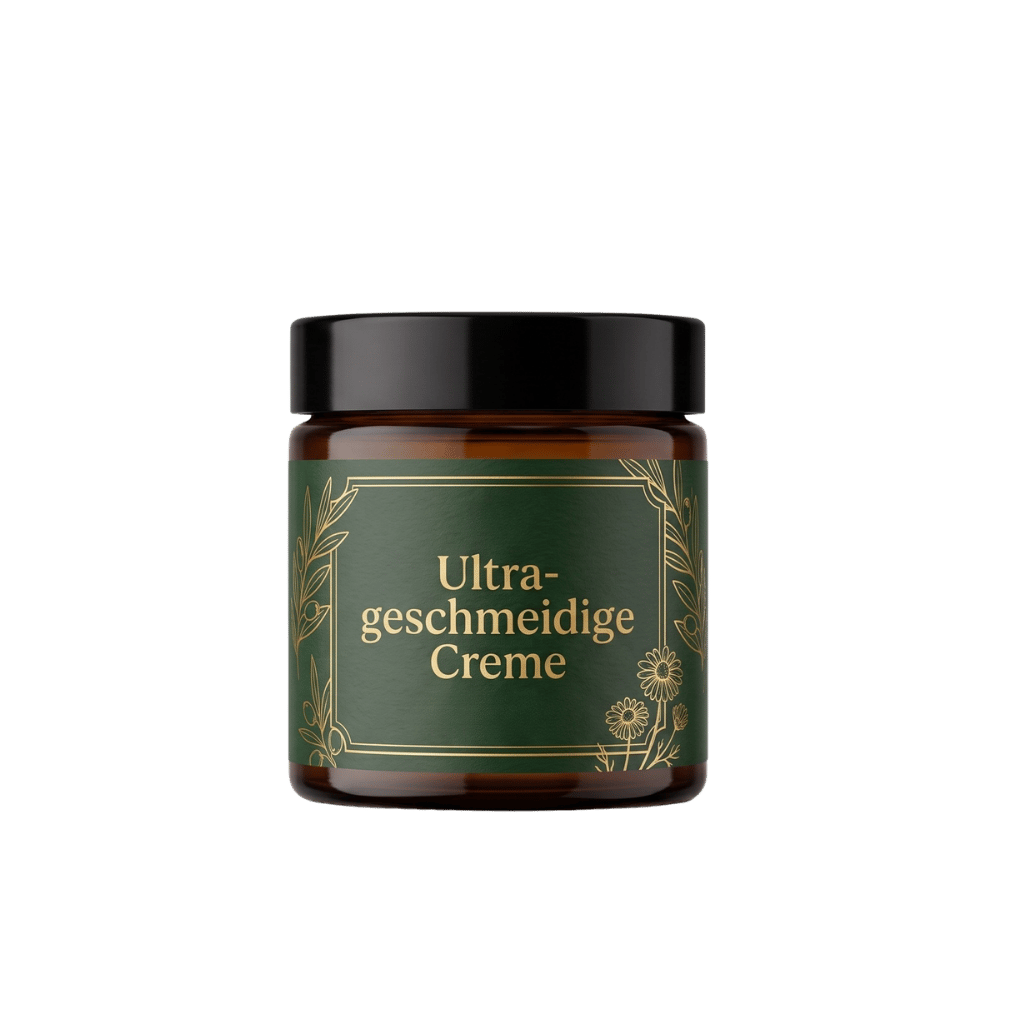 Ultra-geschmeidige Creme im eleganten Glasbehälter für seidige, hydratisierte Haut.