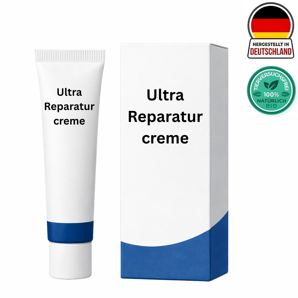 Bild von Ultra Reparaturcreme in Tube und Verpackung, entwickelt zur Hautpflege und Verschönerung.