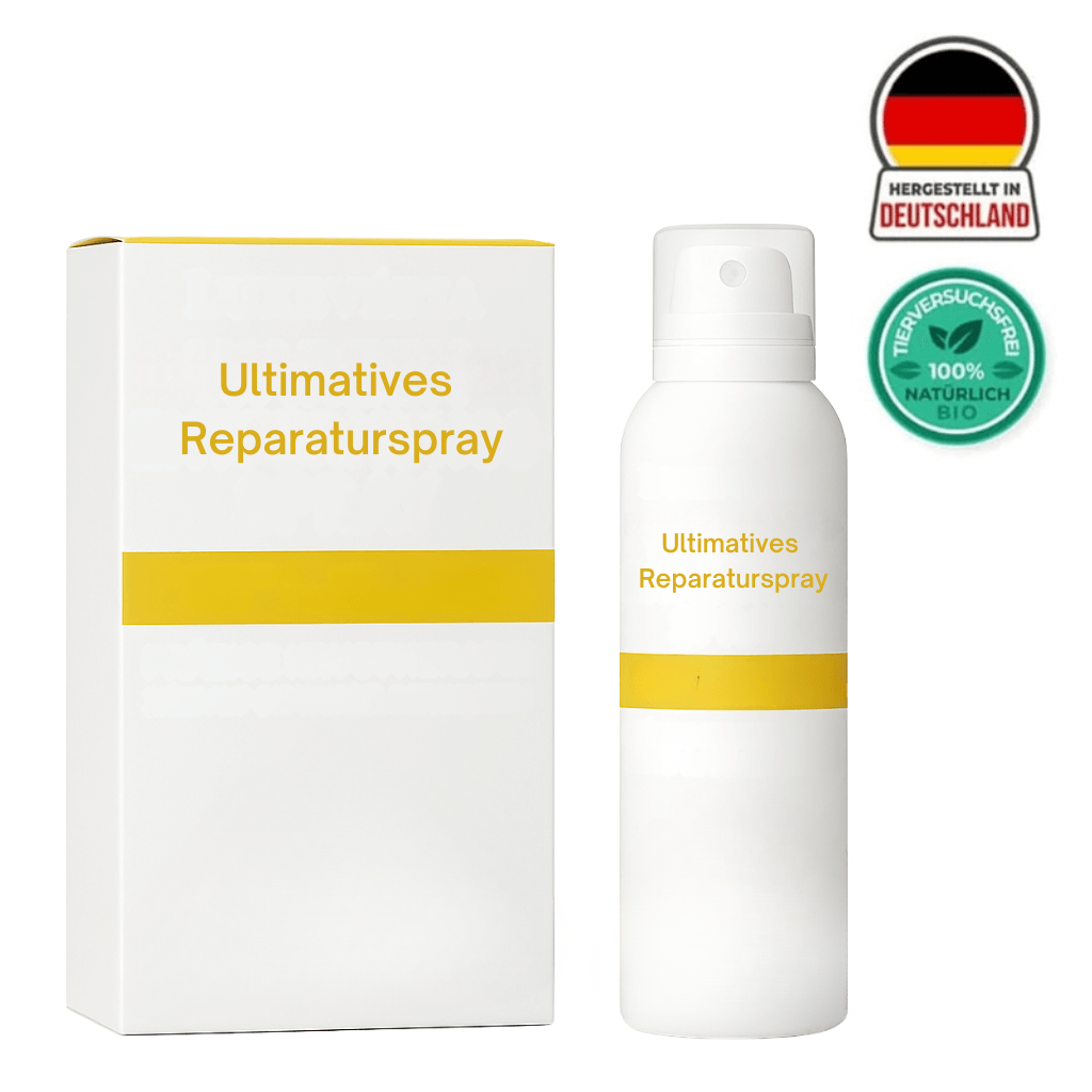 Ultimatives Reparaturspray in einer weißen Sprühflasche mit gelbem Akzent und Box, zeigt sanfte Hautpflege.