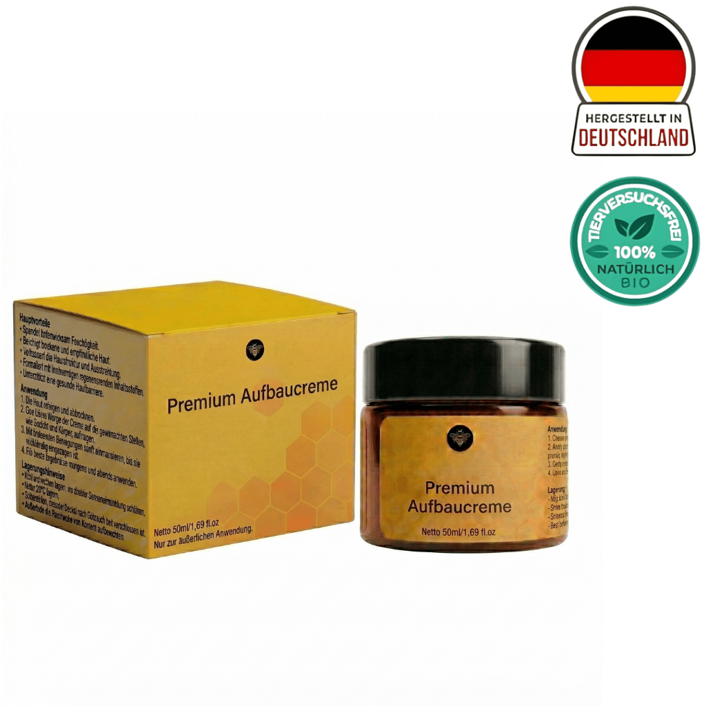 Premium Aufbauscme in einem Glasbehälter mit gelber Verpackung, hergestellt in Deutschland.
