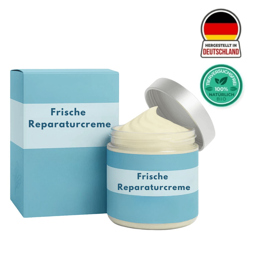 Frische Reparaturcreme in einem Glasbehälter mit blauer Verpackung, ideal zur Hautpflege.