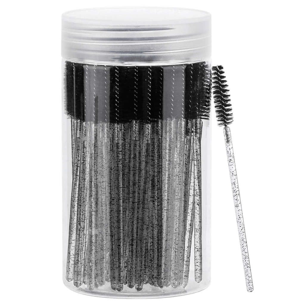 Einweg-Mascara-Bürstchen – hochwertig in einem transparenten Behälter, ideal für Wimpern und Augenbrauenstyling.