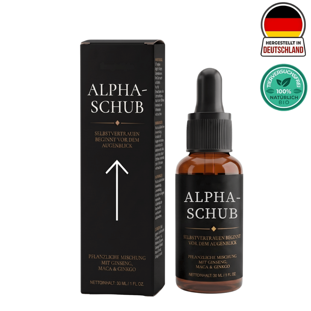 Flasche und Verpackung des ALPHA-SCHUB Selbstvertrauen Öls, pflanzliche Mischung mit Ginseng, Maca und Ginkgo.