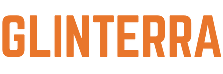 Glinterra logo in bold orange font on a black background, representing the brand's identity.