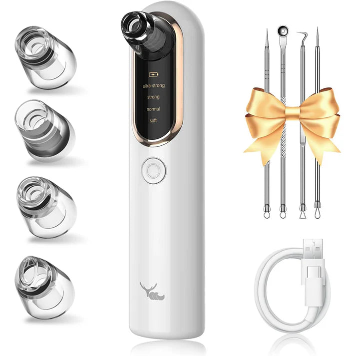 Glinterra – Professioneller Hautreinigungs- und Porensauger mit verschiedenen Aufsätzen und USB-Kabel.