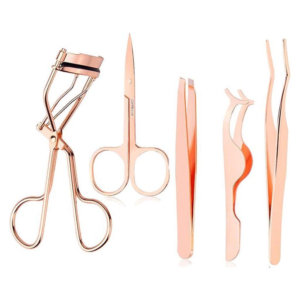 Glinterra – Wimpern- & Augenbrauenpflege-Set mit Wimpernzange, Schere, und Pinzetten in Roségold.