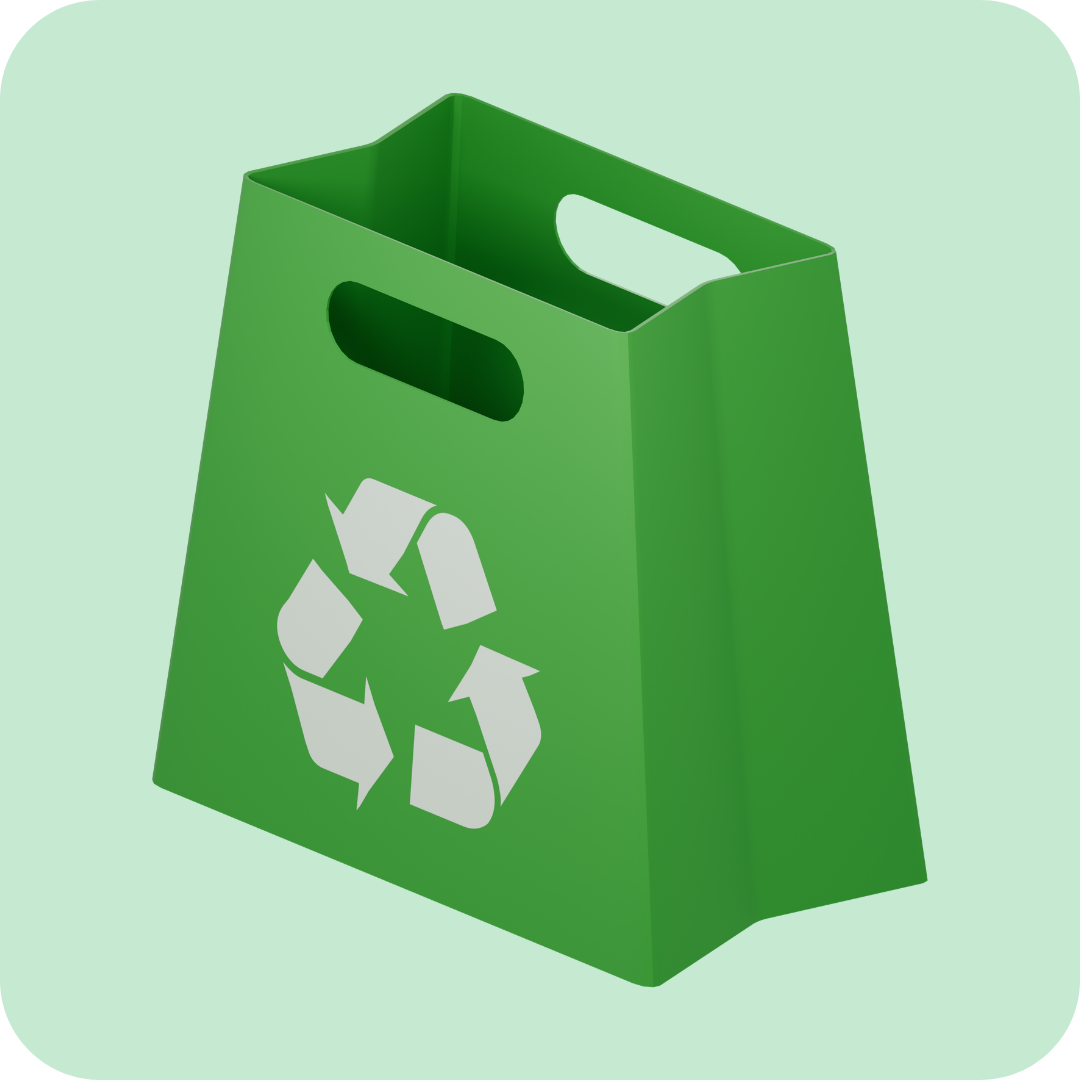 Umweltfreundliche Verpackung aus recyceltem Material mit grüner Farbe und Recycling-Symbol.